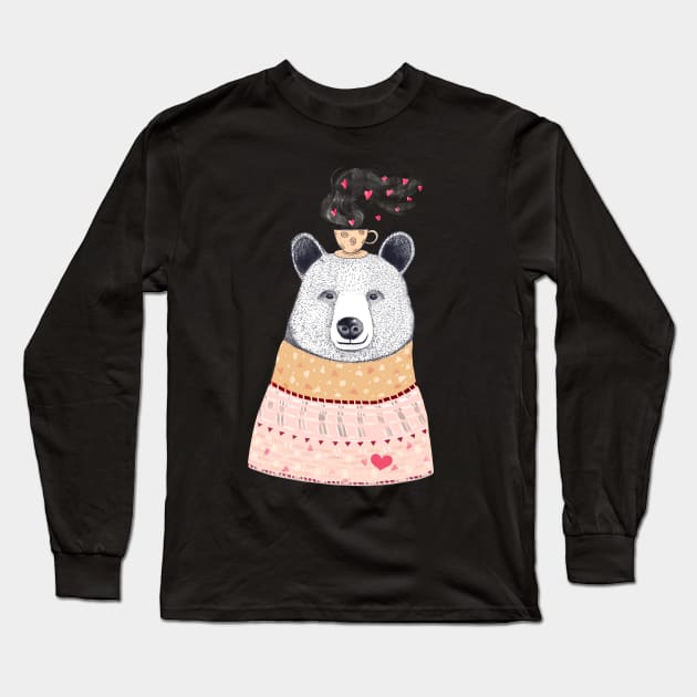 Bear with coffee on black Long Sleeve T-Shirt by kodamorkovkart